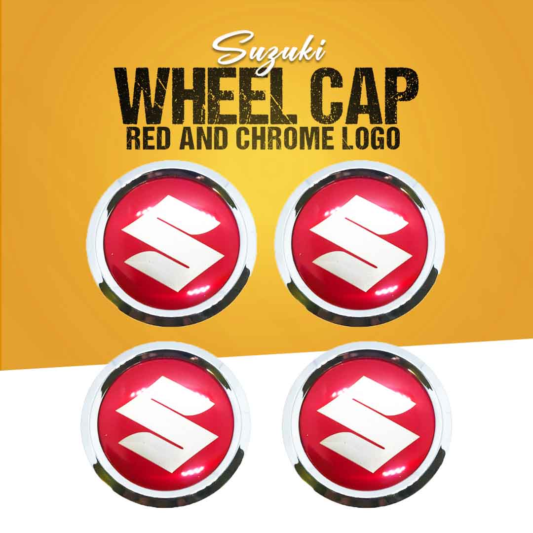 Suzuki Logo Wheel Hub Covers Red And Chrome Sticker - 4 Pcs
